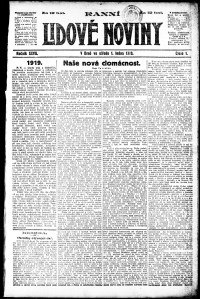 Lidov noviny z 1.1.1919, edice 1, strana 1
