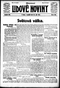 Lidov noviny z 28.9.1914, edice 1, strana 1